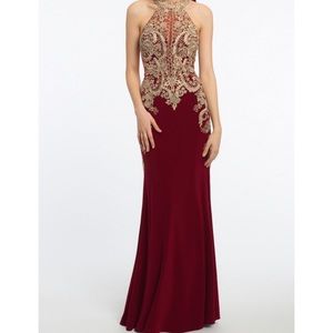 Burgundy with Gold Patterns Prom Dress